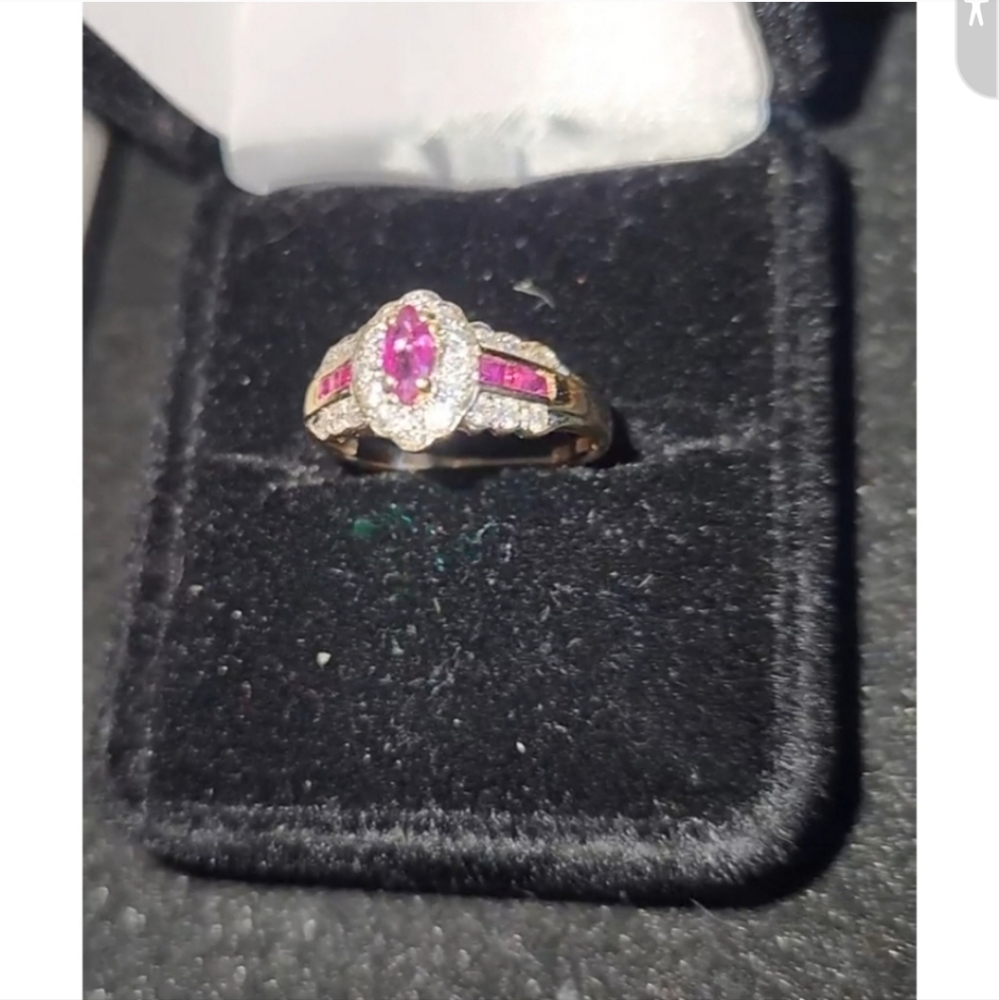 14K Gold Genuine Ruby Ring Diamond Halo and Shoulders Rubies